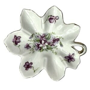 Vintage LEFTON Violet Hand Painted Leaf Gold Trim Candy Dish Trinket Plate 5.25"